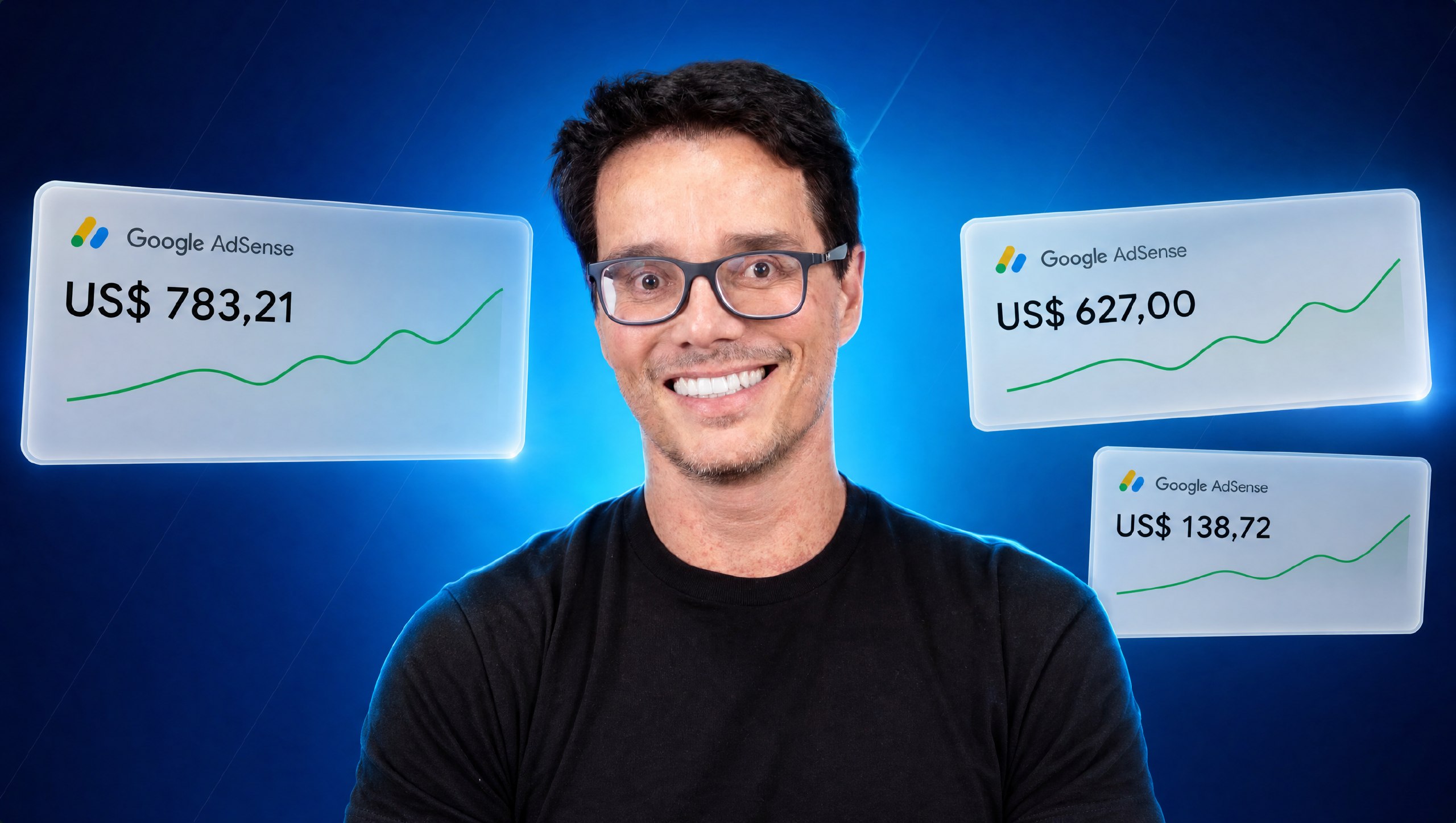Peter Jordan diante de um fundo azul com exemplos de receitas do Google AdSense